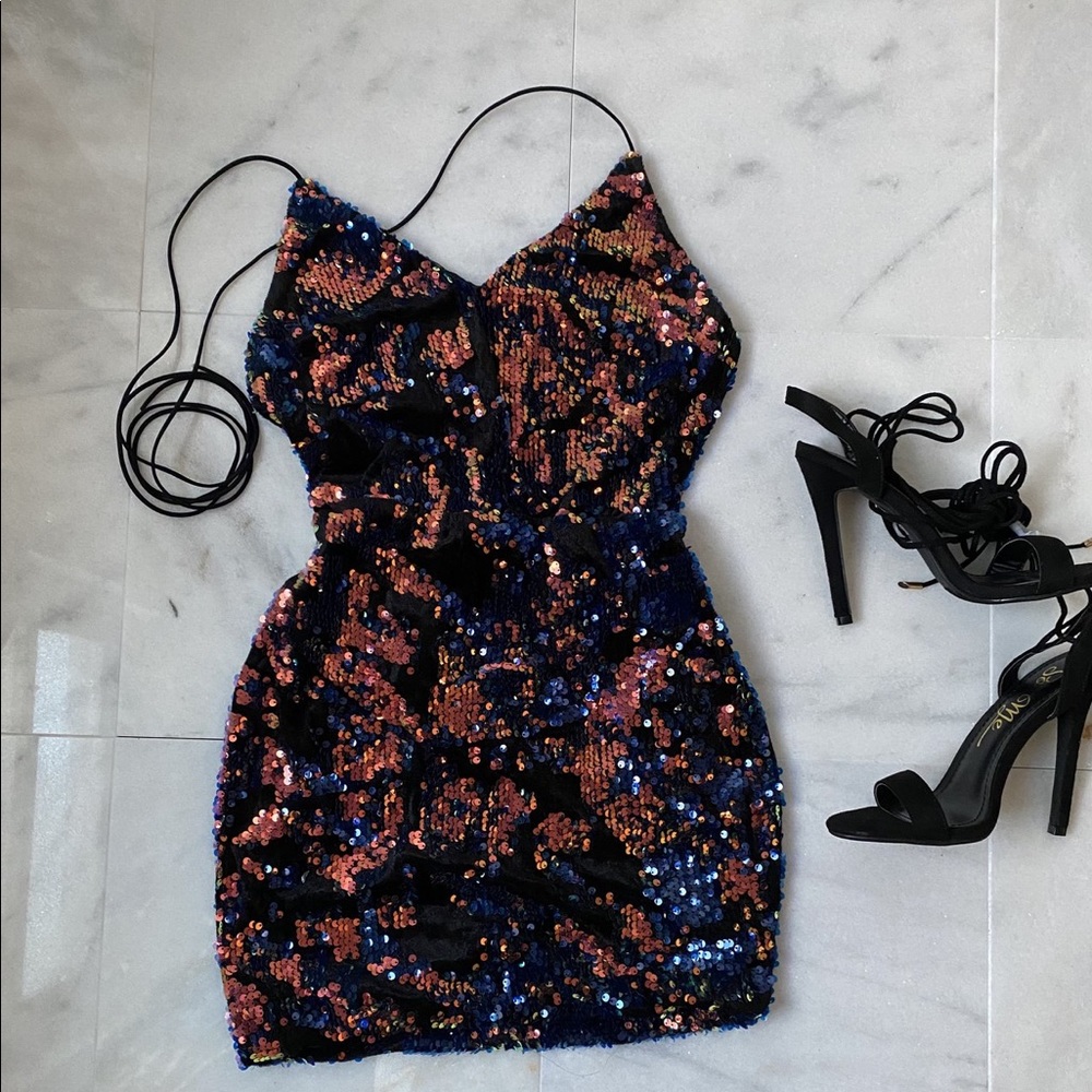 REBEL B MULTICOLORED METALLIC SEQUIN MINI DRESS
